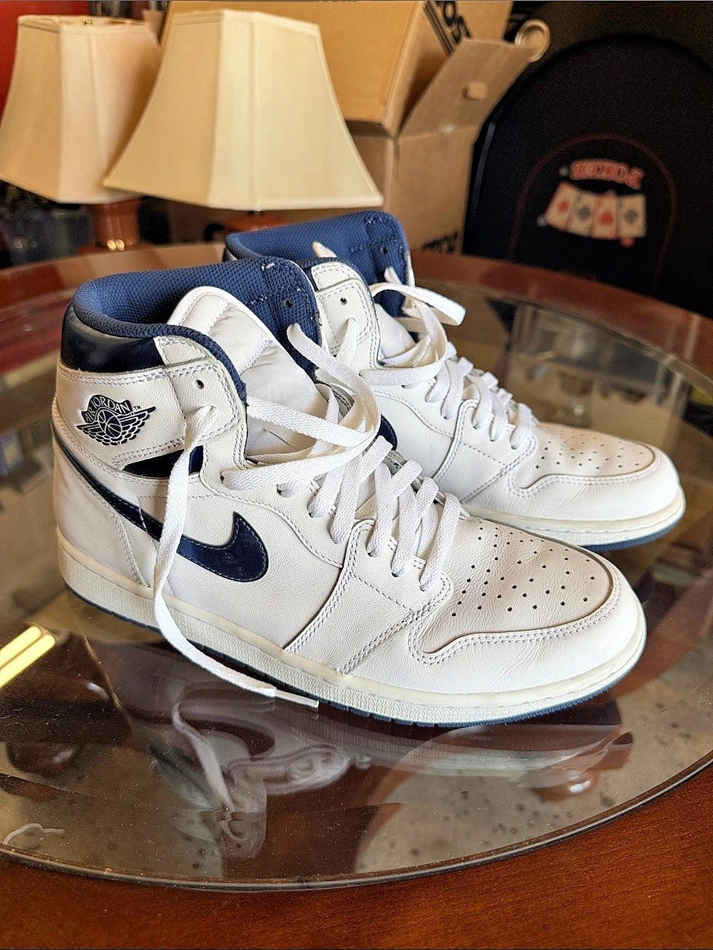 Nike Air Jordan 1 High-Top Sneakers in White & Blue
